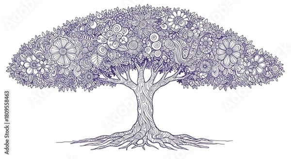 Fototapeta Intricate Pen and Ink Drawing of a Tree with Detailed Floral Canopy and Exposed Roots.
