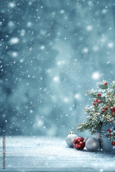 Obraz  Winter Background with Small Christmas Tree and Baubles in Snowstorm  