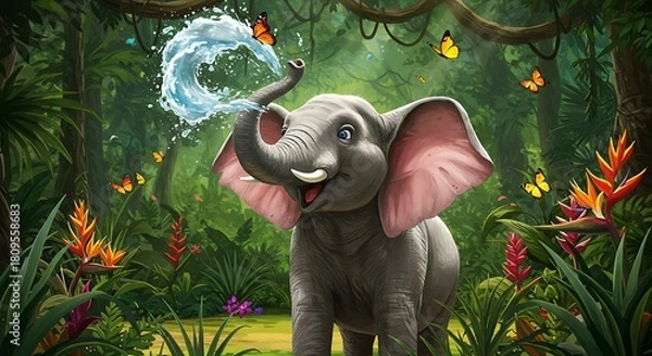 Fototapeta Joyful Baby Elephant Splashing Water in Lush Jungle with Butterflies and Exotic Flowers.