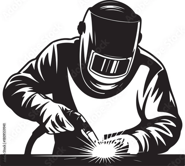 Fototapeta Welder wearing protective gear and helmet working with sparks