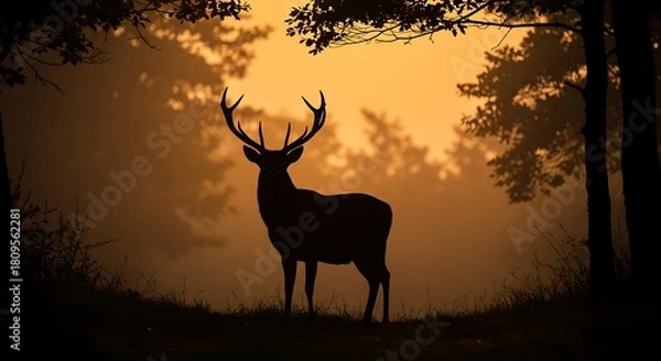 Fototapeta Majestic Stag Silhouette Against a Fiery Sunset in a Misty Forest.