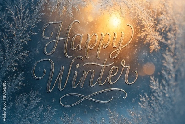 Obraz Frosted Window 'Happy Winter' Typography with Golden Sunlight Bokeh