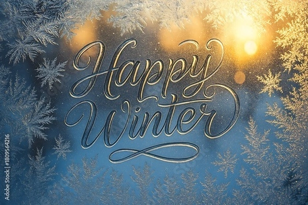 Obraz Frosted Window 'Happy Winter' Typography with Golden Sunlight Bokeh