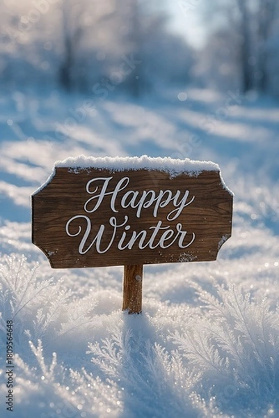 Fototapeta Wooden Signpost with 'Happy Winter' Script Text in Sparkling Snowy Landscape