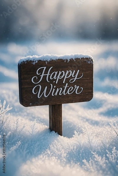 Fototapeta Wooden Signpost with 'Happy Winter' Script Text in Sparkling Snowy Landscape