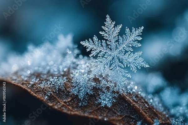 Fototapeta Macro Close-Up of a Perfect Ice Crystal Snowflake on a Brown Autumn Leaf