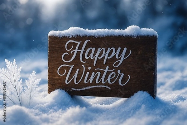 Obraz Wooden Signpost with 'Happy Winter' Script Text in Sparkling Snowy Landscape
