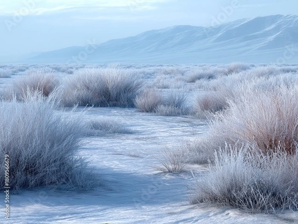 Obraz A winding frost-covered path meanders through dense, snow-laden shrubs towards distant, hazy snow-capped mountains under a pale blue sky with soft clouds in this vast winter desert valley.