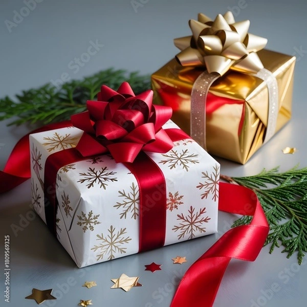 Fototapeta Wrapped holiday presents with ribbons and bows on a gray surface