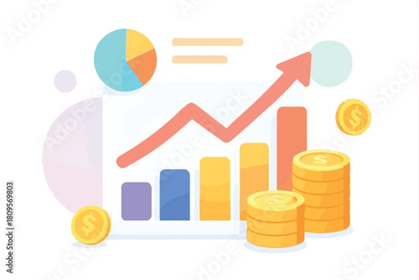 Obraz Financial growth and investment success represented by a rising bar graph, stack of coins, and pie chart illustrating economic progress