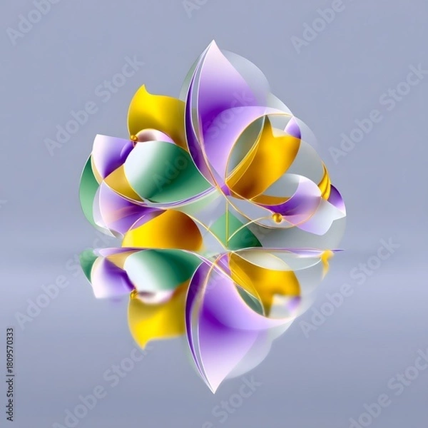 Fototapeta Abstract geometric pattern, Mardi Gras palette, green purple and gold, soft pastel background, fluid shapes for backdrop or screen