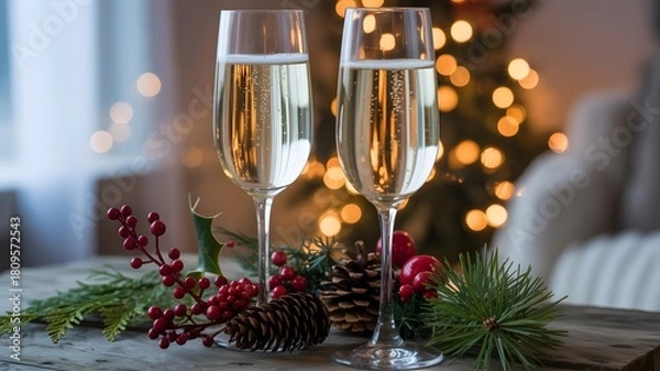 Fototapeta Elegant Champagne Toast Celebration with Christmas Tree Bokeh Background Image