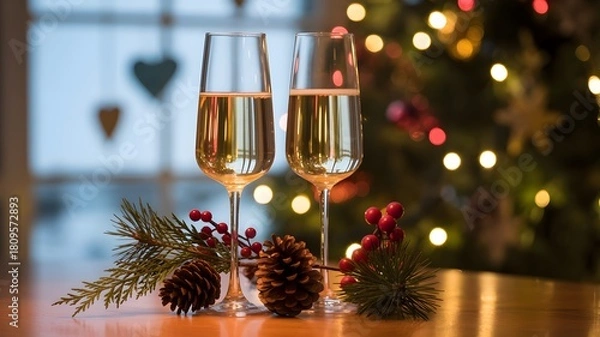 Fototapeta Elegant Christmas toast with champagne in glasses and festive decorations
