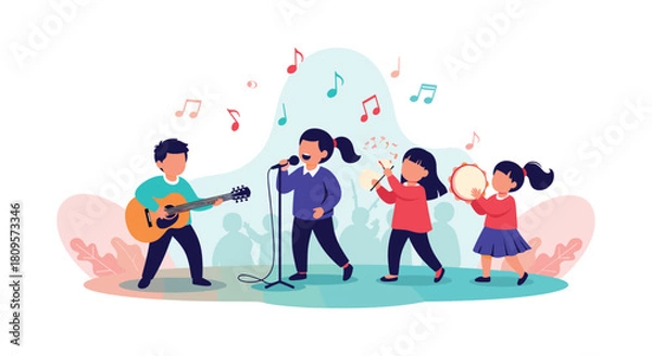 Fototapeta A children's band with a boy on guitar and girls singing and playing percussion performs for an audience on stage.