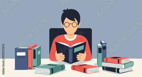 Fototapeta A focused young student wearing glasses is intensively reading a book surrounded by multiple textbooks.