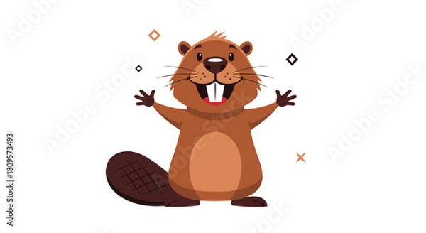 Fototapeta Exuberant and happy cartoon beaver character stands with open arms and a wide toothy grin ready for a friendly hug.