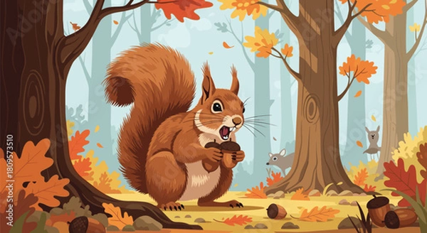 Fototapeta Adorable cartoon squirrel with a fluffy tail sits in a beautiful autumn forest holding an acorn surrounded by fall foliage.