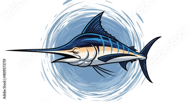 Fototapeta Dynamic blue marlin fish leaps from the water with a splash creating a powerful circular emblem for a fishing logo.