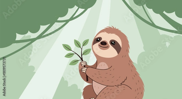 Fototapeta A sweet and content cartoon sloth holds a leafy branch while sitting in a gentle sunbeam shining through the jungle canopy.