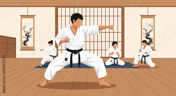 Fototapeta Group of people in white uniforms and black belts practice karate stances and punches inside a traditional Japanese dojo.