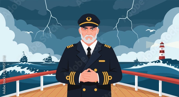 Fototapeta Experienced sea captain with a gray beard stands firmly on the deck of his ship during a dramatic ocean storm.