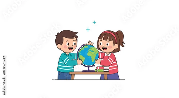 Fototapeta A happy boy and girl work together to explore the world by pointing at countries on a globe in a classroom setting.