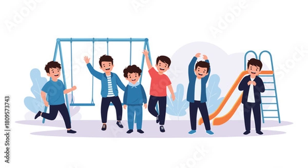 Fototapeta A group of diverse and happy young boys have fun playing together on a playground with swings and a slide outdoors.