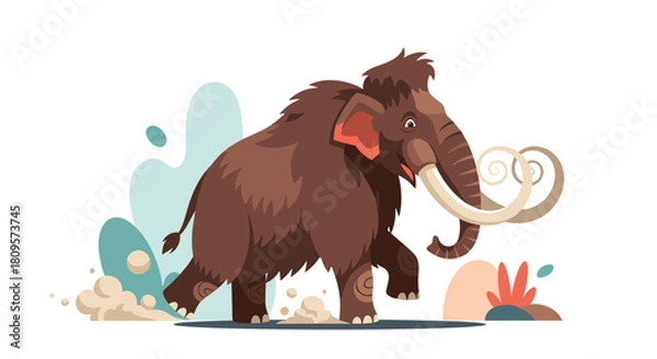 Fototapeta A large woolly mammoth with giant curved tusks walks through a prehistoric landscape in a stylized flat vector design.