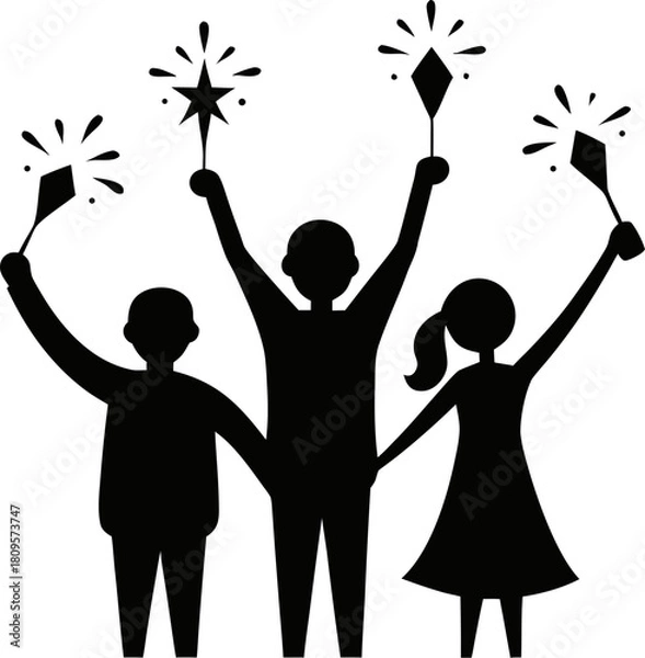 Fototapeta Group cheering at midnight holding sparklers and wine drinks  silhouette   on white background 