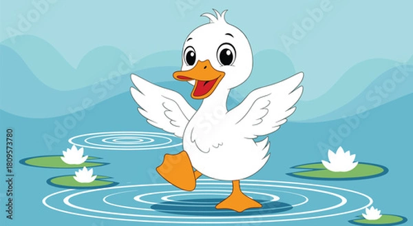 Fototapeta An adorable white duckling character joyfully dances on the water of a blue pond surrounded by green lily pads.