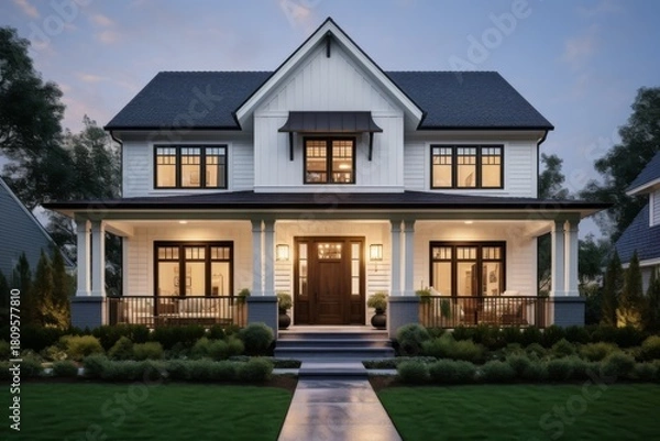 Obraz Beautiful modern house exterior with warm lighting at dusk