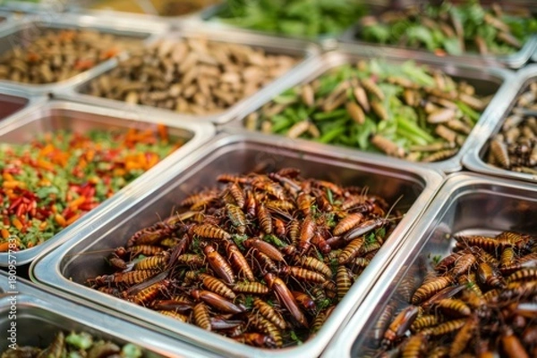 Fototapeta Various edible insects displayed in a market setting