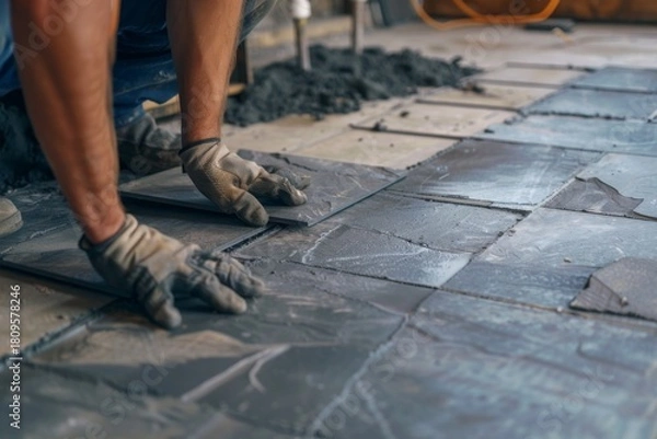 Fototapeta Adult man working diligently on floor tiling project