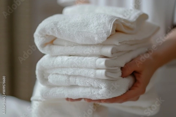 Fototapeta Adult holding neatly folded white towels in a cozy setting