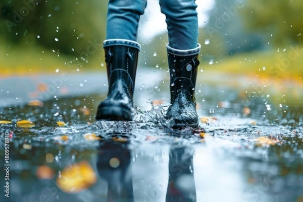 Fototapeta Child enjoying splashing in puddles while wearing rain boots