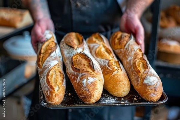 Fototapeta Baker holding fresh bread loaves in a bakery