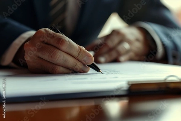 Fototapeta Adult man writing on a document with focus and concentration