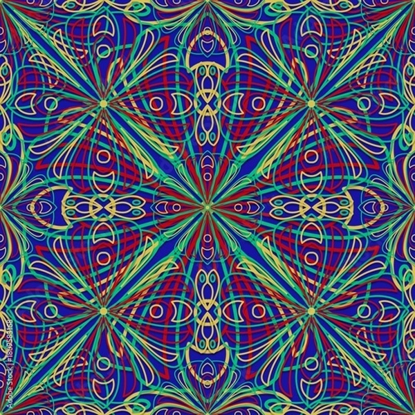 Obraz abstract seamless pattern with flowers,yellow, red, green curves ,painted create to flowershape, leaves, purple background in geometric patterns as sarong,fabric,tile,printed fabric,batik,tablecloth 