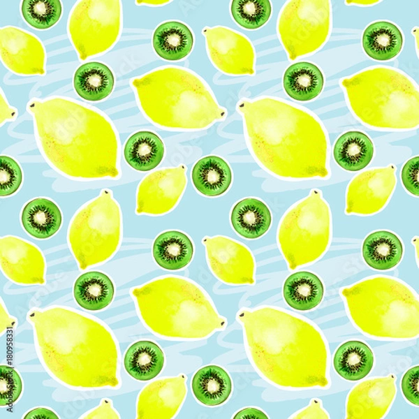 Fototapeta Pattern with lemon and other watercolor bright fruits on  paper.