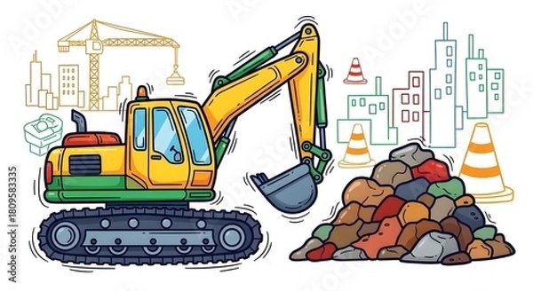 Obraz Colorful Construction Doodles Set with Excavator and Site Elements