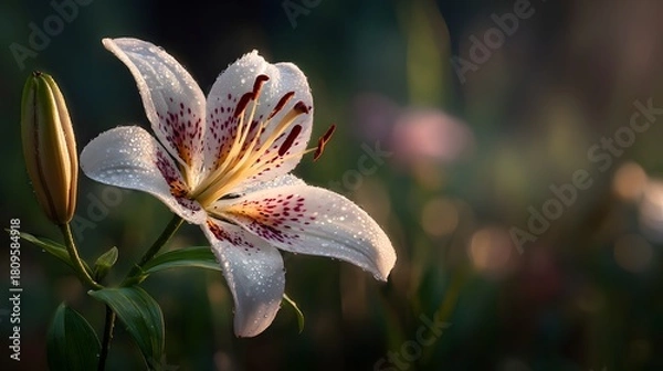Fototapeta White speckled lily bloom glistens with morning dew against a dark, soft background