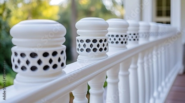 Obraz White porch railing detail with outdoor setting.