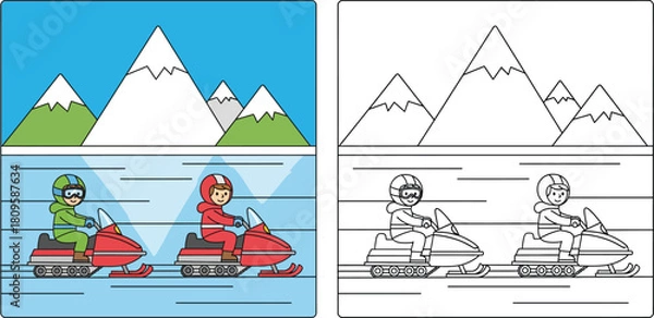 Fototapeta Coloring book page of two happy kids riding snowmobiles in a winter mountain landscape. Vector illustration of children winter sport with colored preview and black and white outline.
