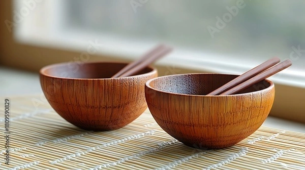 Fototapeta Wooden bowls with chopsticks with dining setup.