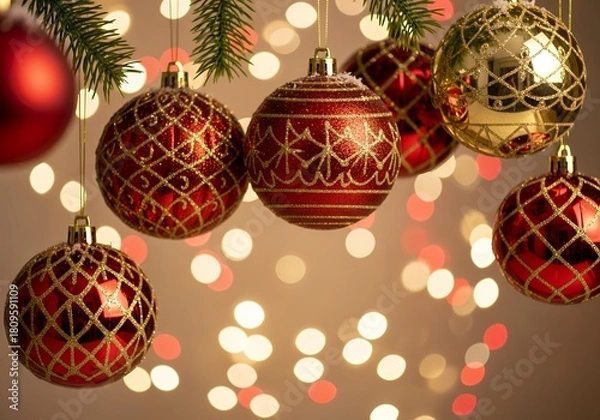 Fototapeta Close-up of red and gold Christmas ornaments hanging against a bokeh light backdrop. Concept for holiday greeting cards, festive season backgrounds and Christmas decoration