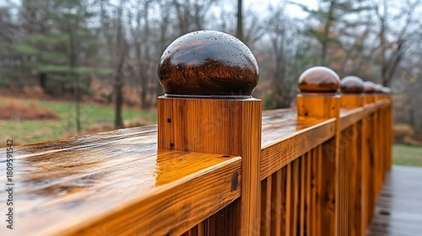 Obraz Wooden railing with sphere top with outdoors.