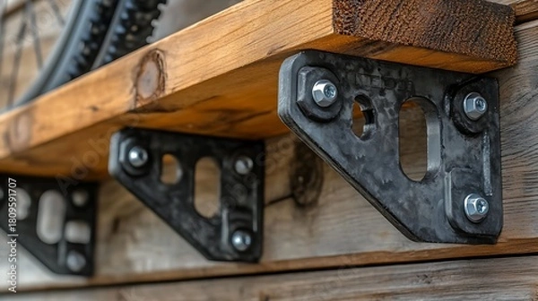 Obraz Wooden shelf with metal brackets.