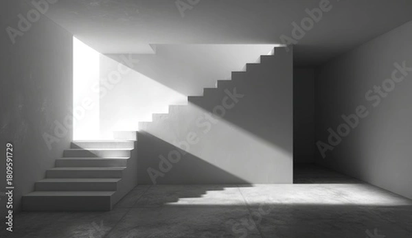 Fototapeta Stark, minimalist interior with stark white staircase and dramatic light
