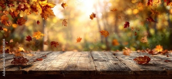 Fototapeta Wooden table with falling autumn leaves against a blurred forest background