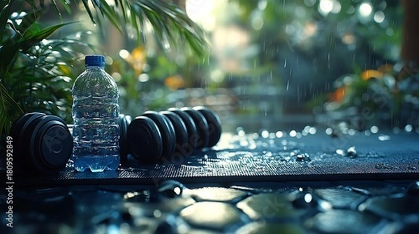 Obraz Workout set with water in rainy garden.